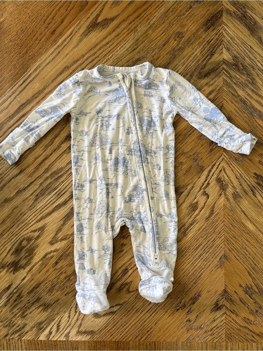 Angel Dear two-way zipper footie in blue & white golf toile